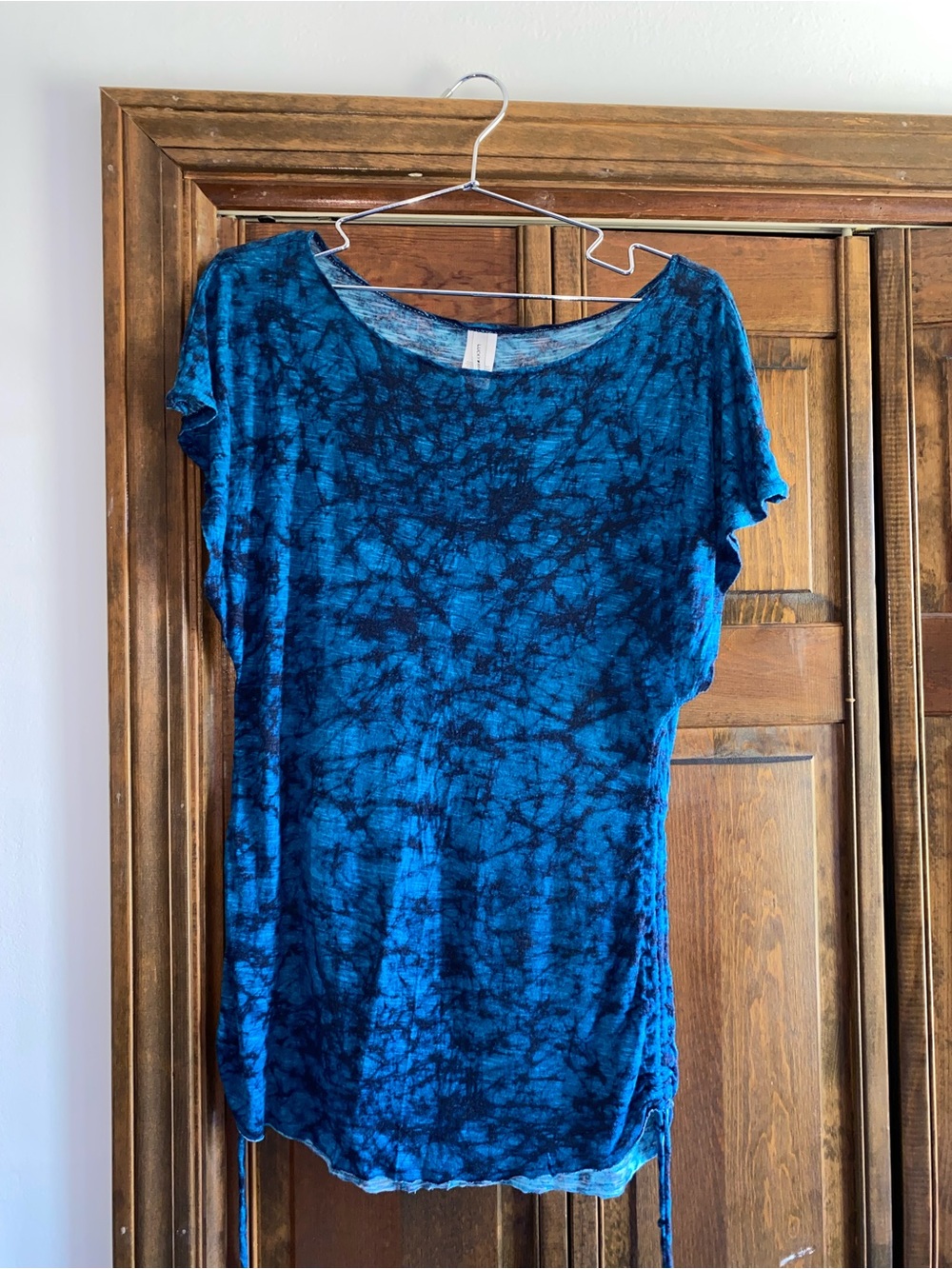 Lucky Brand Blue Tie-Dye Shirt or Mini-Dress with Ruched Sides, Size Small